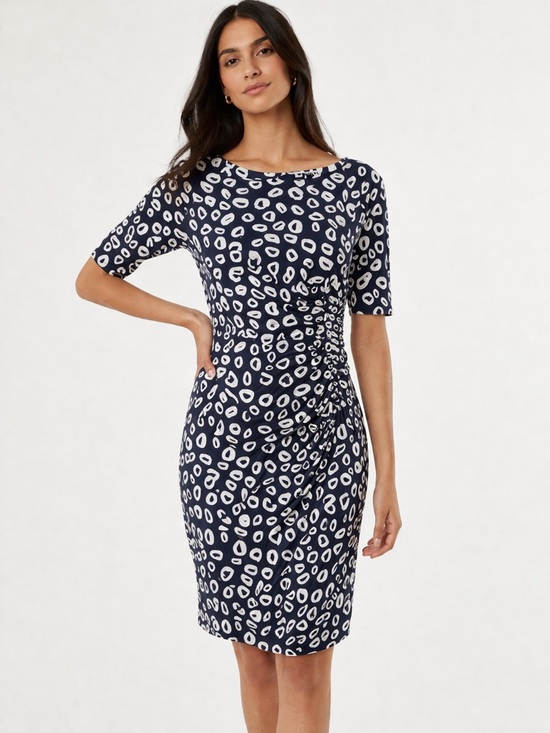 Whistles Dresses & Skirts - Whistles Navy Abstract Spot Ruched Dress Size 12 UK 16 Stretch Jersey Sheath